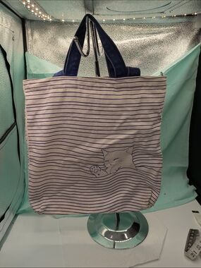 Striped Cat Print Canvas Tote Bag in Navy and Cream